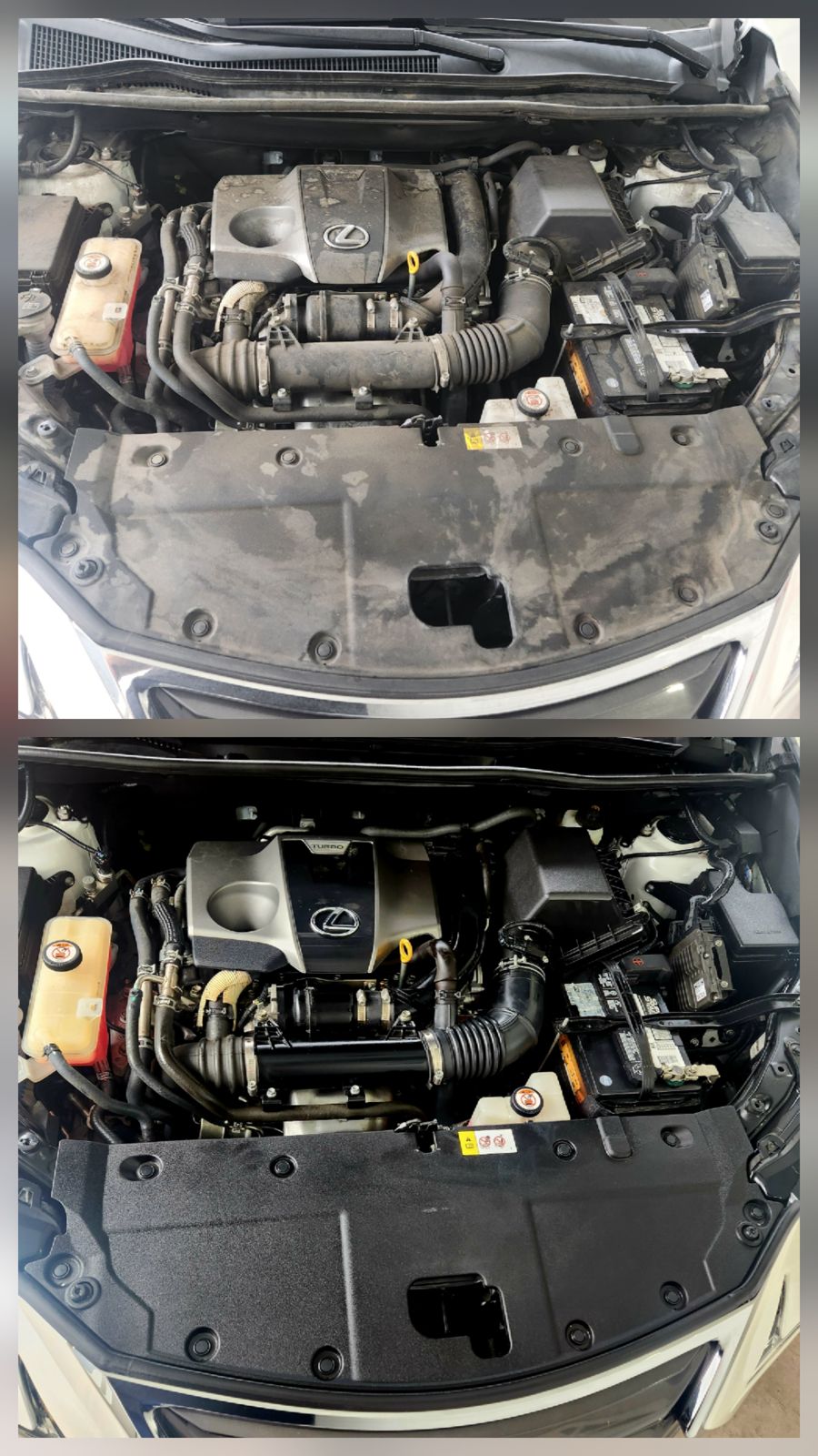 Engine bay, clean and inspectable by Eric's Mobile Auto Spa, before and after