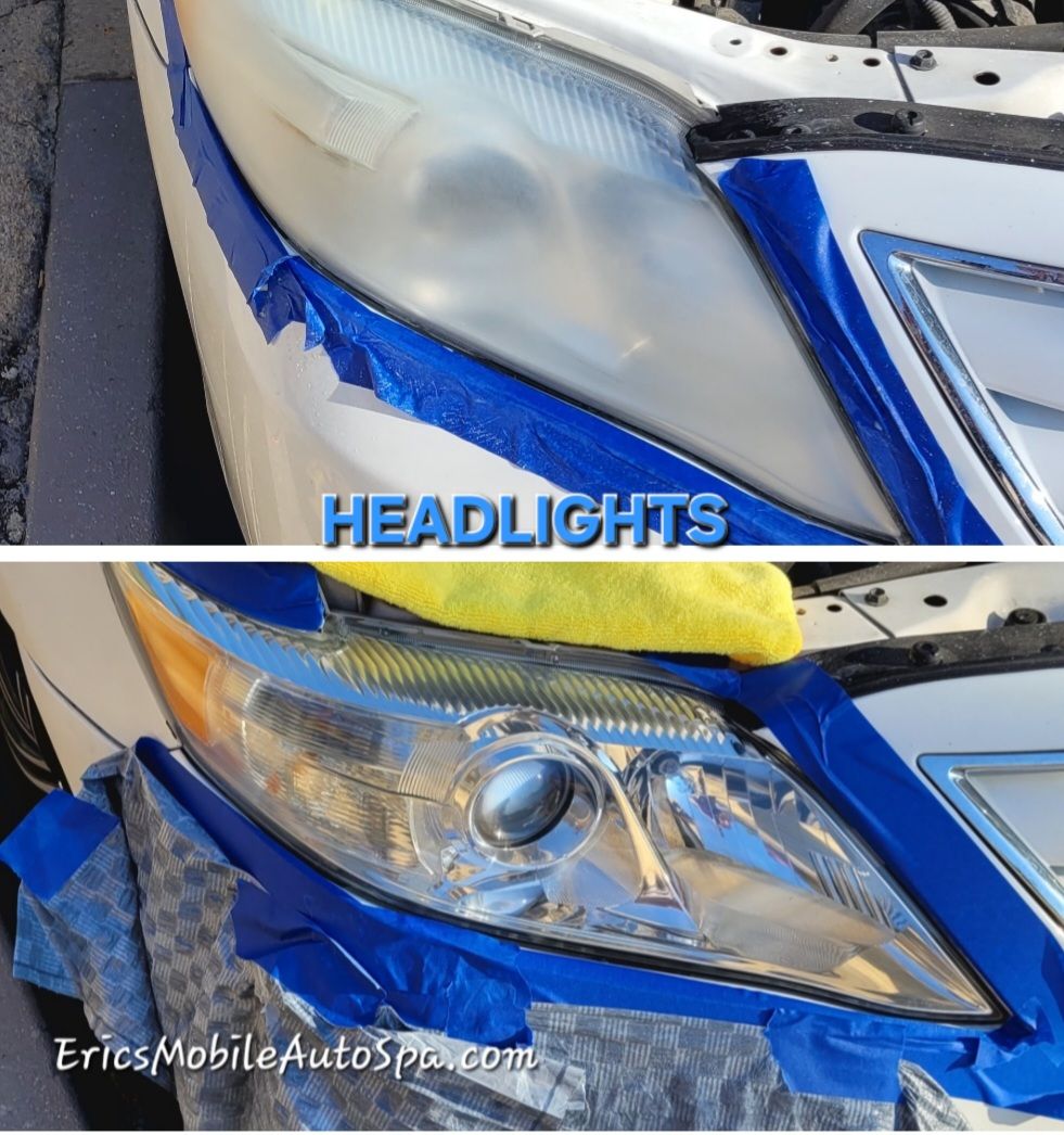 Cloudy lenses made clear by Eric's Mobile Auto Spa, before and after