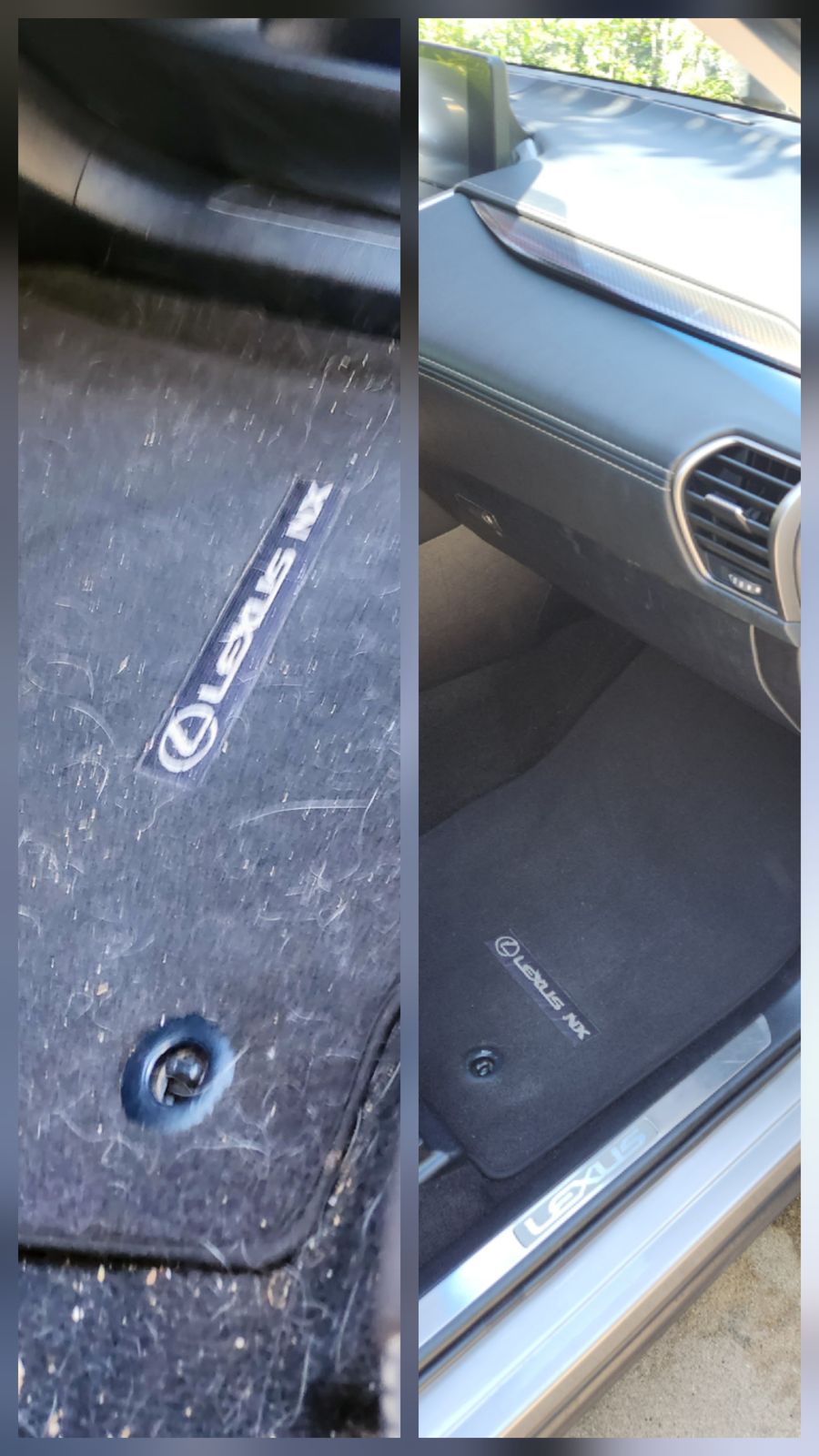 Trail dust out of the carpet by Eric's Mobile Auto Spa, before and after