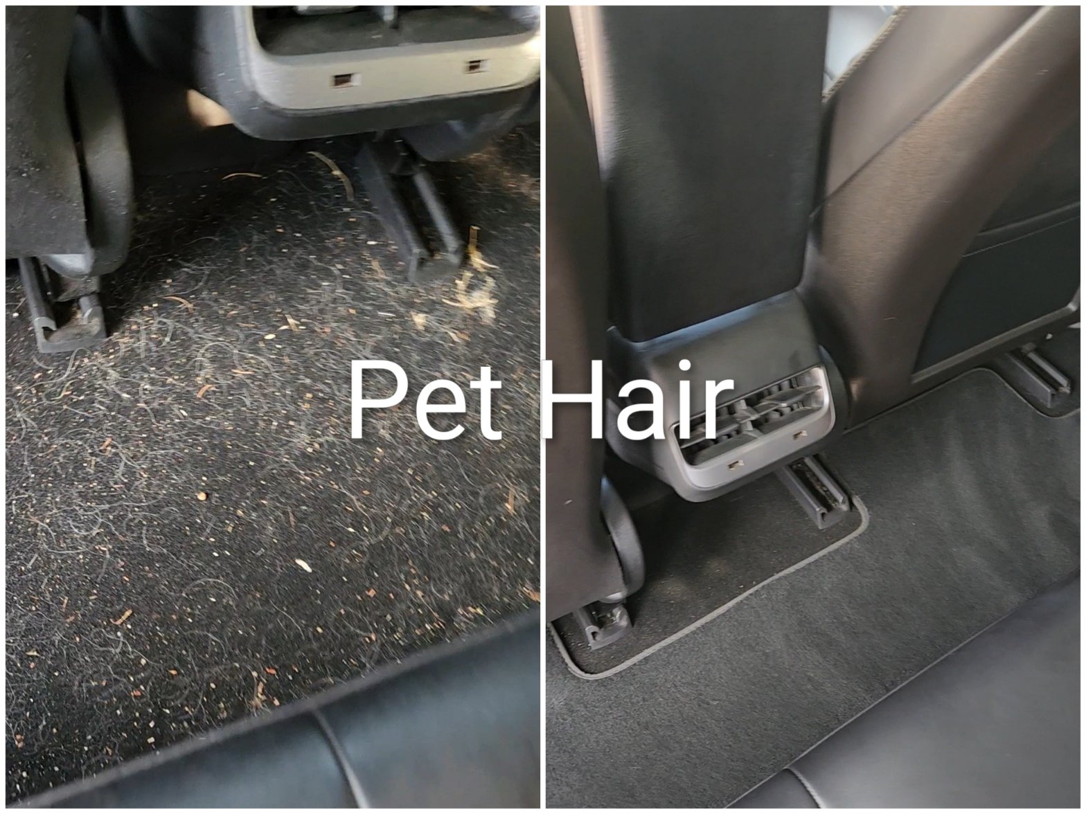 Pet hair vacuumed out of the carpet by Eric's Mobile Auto Spa, before and after