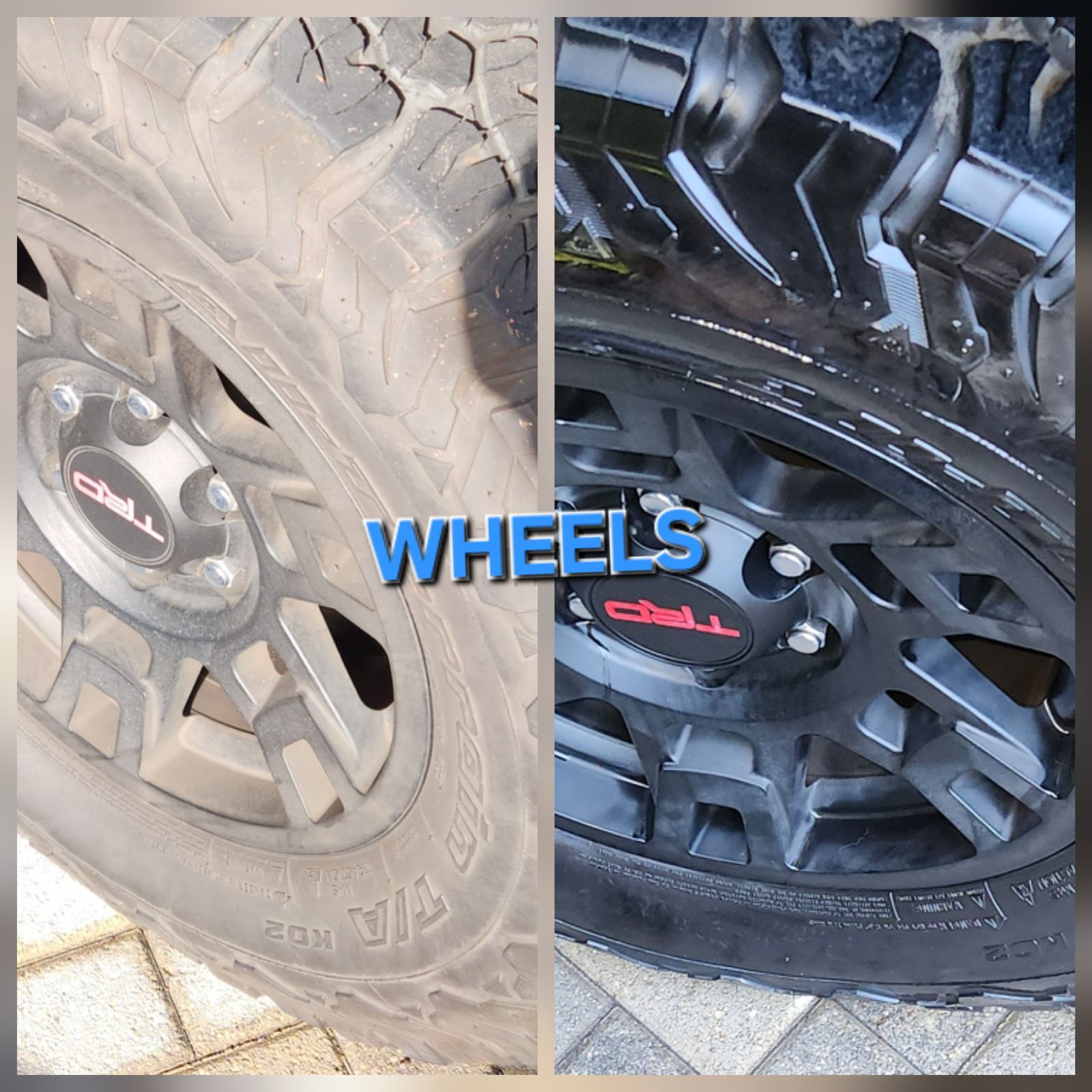 Wheels degreased and dressed by Eric's Mobile Auto Spa, before and after